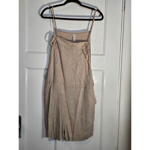 Zenana Womens Tan Linen Blend Side Tie Romper XL Oatmeal Spaghetti Strap Pockets